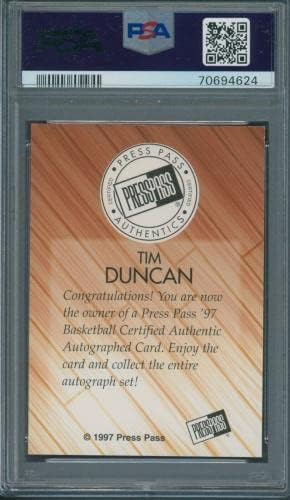 1997 Nyomja meg Át Tim Duncan Autogramot PSA/DNS Hitelesített Aláírt MENTA 9 Auto-10 - NBA-Vágott Aláírás