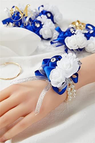 Meldel Bál Virág virág karkötő Esküvői, Készlet 6, Royal Kék virág karkötő a Báli Menyasszonyi Koszorúslány Kislány, Rose Kéz Virág