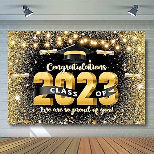 Avezano Fekete-Arany Diploma Hátteret, Congrats Grad Osztály 2023 Parti Dekoráció Arany Csillogás az Érettségi Bál Fotózás
