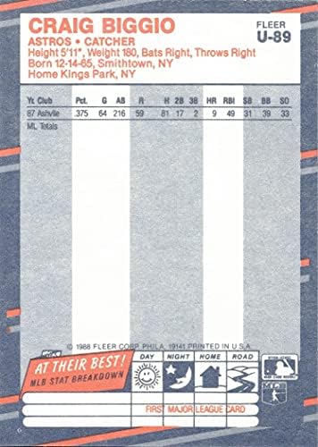 1988 Fleer Frissítés Baseball U-89 Craig Biggio Újonc Kártya