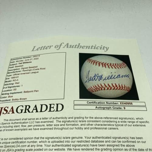 Lenyűgöző Ted Williams Egyetlen Aláírt Amerikai profi Baseball-Liga SZÖVETSÉG Osztályozott MENTA 9 - Dedikált Baseball