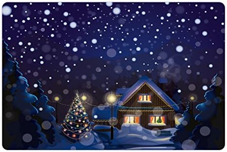 Ambesonne Karácsonyi Pet-Mat az Étel, a Víz, a Téli Éjszaka Ország, Táj, Kis Ház Között, Fenyő Fák, Hó, Téglalap Csúszásmentes gumiszőnyeg