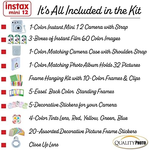 Fujifilm Instax Mini 12 Instant Fényképezőgép Esetben 60 Fuji Film, Dekorációs Matrica, kép, Fotó Album, majd Több Kiegészítő készlet (Pasztell