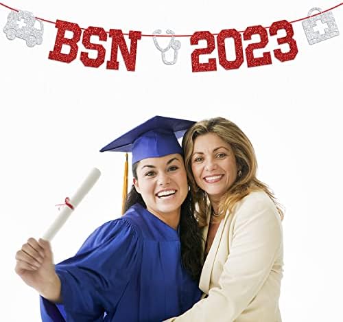 BSN 2023 Banner - Nővér Érettségi Sármány Jel, Jövő Nővér, Orvosi Iskola Érettségi Parti Dekoráció - Piros-Ezüst Glitter