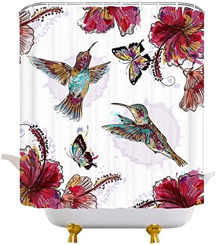 JEJOMEAG Kolibri Virág zuhanyfüggöny Régi Akvarell Virág Trópusi Rusztikus Nyári Szövet Fürdőszoba Függöny Horgok