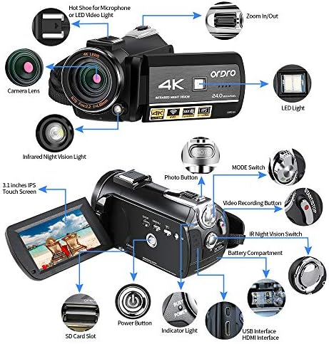 ORDRO Videó Kamera, 4K Kamerát UHD 1080P 60FPS Vlog Kamera, IR, éjjellátó WiFi Kamerák Felvevő Mic Led Széles Látószögű Objektív Kézi