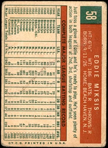 1959 Topps 58 Eddie Miksis Cincinnati Reds (Baseball Kártya) SZEGÉNY Vörösök