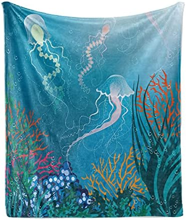 Lunarable Akvárium Takarót, Jellyfishes Úszik A Tenger Alatt Korallzátony Növények Oceanic Fauna, Flanel Gyapjú Akcentussal