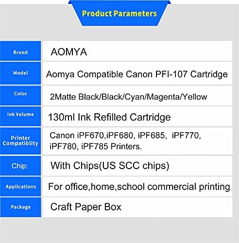 Aomya Kompatibilis Canon PFI-107 6 Pack 5 Színben tintatartályok 2 PFI-107MBK(Pigment),1 PFI-107BK PFI-107C PFI-107Y PFI-107M