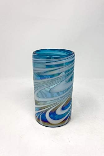 Kék Dorado Design Kézzel Fúvott Üveg pohár - 16oz - (BDD) - Készlet 4 (Türkiz-Fehér Örvény Színjátszó) CI001