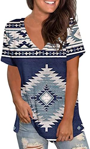 Nyáron A Nők V-Nyak Tshirt Maximum Klasszikus Geometria Nyomtatás Rövid Ujjú Tunika Póló Azték Nyugati Etnikai Stílus Laza Blúz