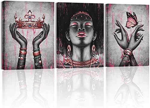 Visual Art Dekor Afro-Amerikai Vászon Wall Art Rózsaszín, Fekete Nő, Portré, Divat Rose Gold Fekete Lány Rózsaszín Hálószoba Decor Keretes Mű