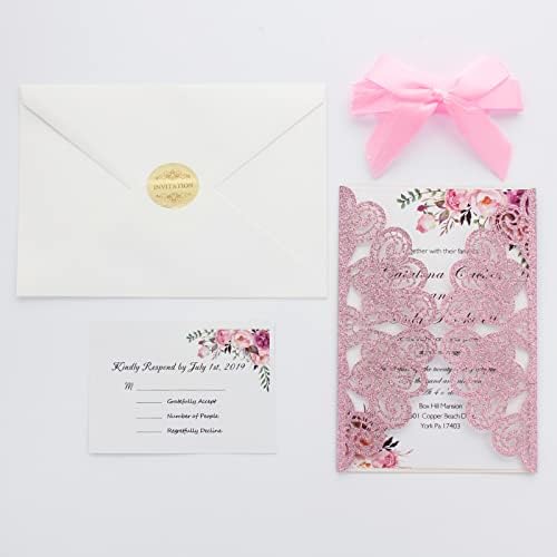 Kyutong 50Pcs Esküvői Meghívók, a Borítékot pedig Meghívó Kártya Rózsaszín Csillogó Lézerrel Vágott Pályázati Rózsaszín Szalagok Elkötelezettség