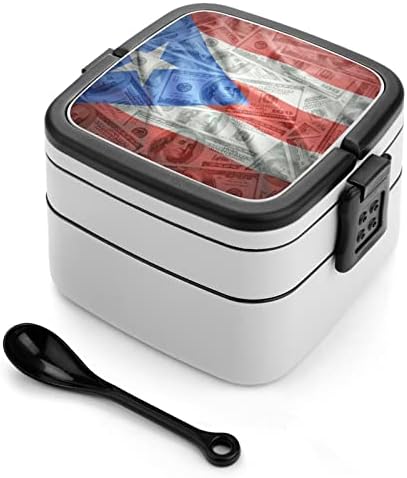 Puerto ricó-i Zászló Dollár Pénz Ebédet Hordozható Double-Layer Bento Box Nagy Kapacitású Ebéd Tartály Élelmiszer-Tartály Kanál