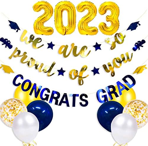 Sötétkék-Arany 2023 Érettségi Party Dekoráció Fólia Léggömb 2023 Büszkék Vagyunk, Hogy Congrats Grad Érettségi Banner Kék Arany Kap Diplomát