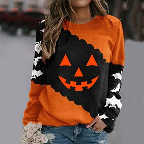 BEUU Női Halloween Nyomtatás Tök Blúz, Hosszú Ujjú Pulóver Melegítőfelső póló, Alkalmi Színes Blokk Sleeve Maximum