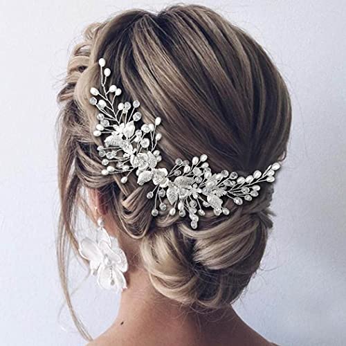 Easedaily Menyasszony Esküvői Haj Szőlő Ezüst Virág, Levél Menyasszonyi Headpieces Gyöngy Haj Kiegészítők Nők, Lányok