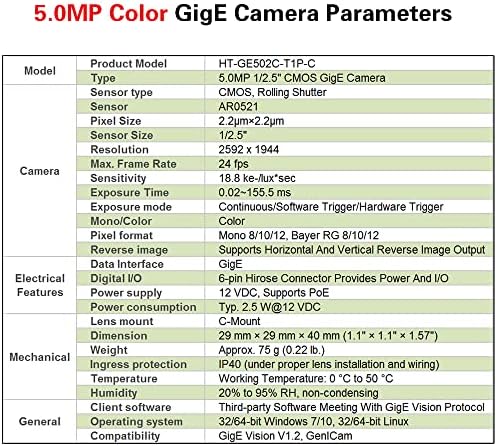 HTENG VISHI GigE Ethernet 5.0 MP-1/2.5 Színes Ipari Kamera Gépi Látás Rolling Shutter C-Száj Terület Scan Kamera Érzékelő 2592X1944