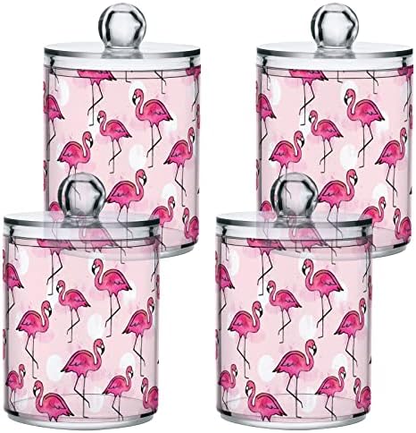 YYZZH Rózsaszín Flamingó Akvarell Polka Dot 4 Csomag Qtip Jogosultja Adagoló Vatta Labda Kerek Párna Fogselymet 10 Oz Patikus