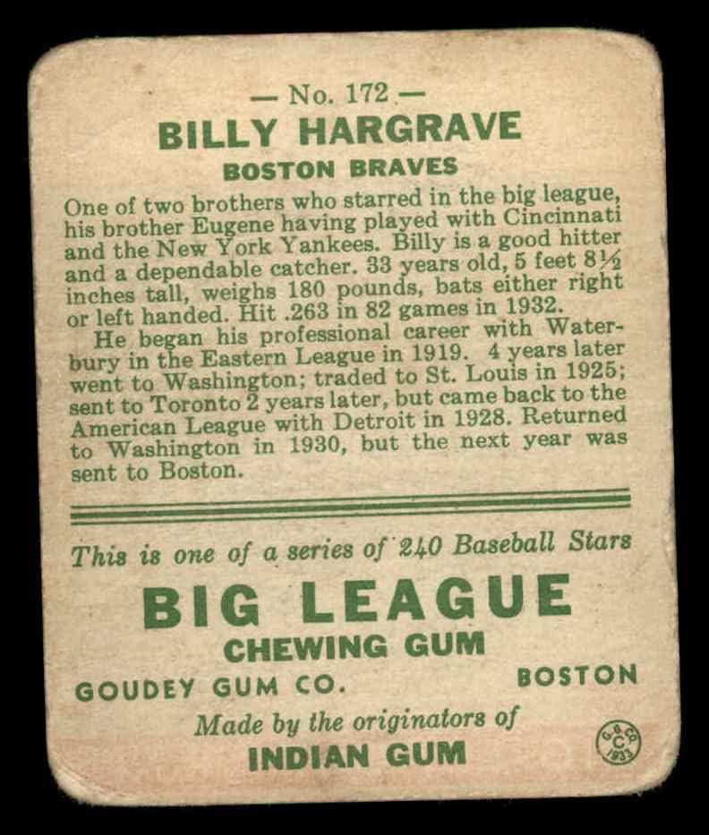1933 Goudey 172 Billy Hargrave Boston Braves (Baseball Kártya) SZEGÉNY Bátrabbak