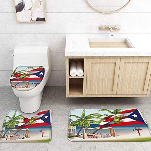 Szépség Dekoráció 4 Darab Zuhanyzó Függöny Szett Nyári pálmafák Puerto Rico Zászló Béka Szőnyeg Tartós, Vízálló zuhanyfüggöny Fürdőszobai