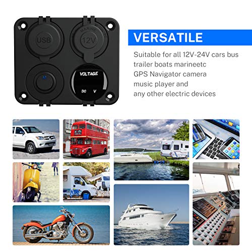 Kohree 12V Tengeri Autós Töltő Csatlakozó Panel, 4 az 1-ben Vízálló Hajó mobiltelefon Rocker Kapcsoló Panel Kettős QC3.0 USB Aljzathoz szivargyújtó