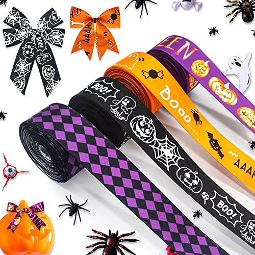 6 Tekercs Halloween Szatén Szalag ajándékcsomagolás, Halloween Narancs Fekete Szalagok Dekorációs DIY Fél, 0.4/0.9 X 5 Méter Bat Candy Tök