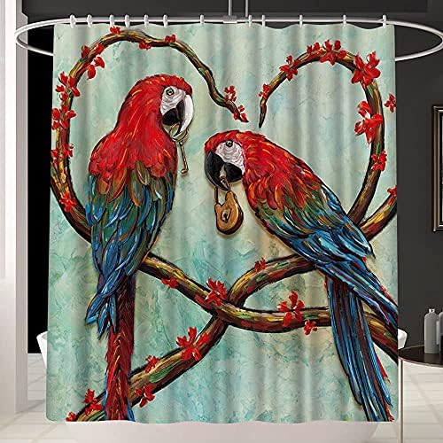 Canvbay Papagájok zuhanyfüggöny Piros Papagáj Szerető Álló Szerelmes Szív Virág, Fa Ágai Fürdő Függöny Egzotikus Dzsungel Madár, Ajtó