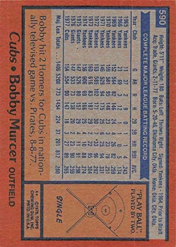 1978 Topps 590 Bobby Murcer Chicago Cubs MLB Baseball Kártya EX Kiváló