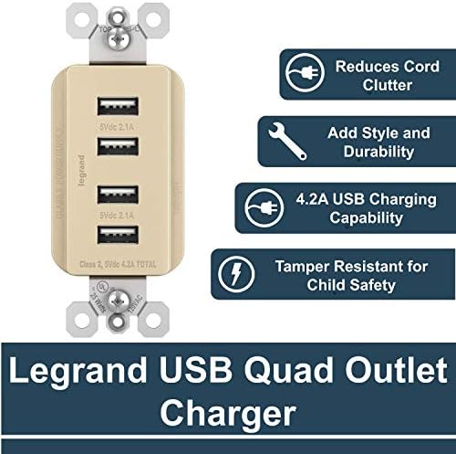 Legrand sugárzó 15 Amp Lakberendező Fali Aljzatba 4, 2 Amperes USB Töltő, Quad, Multi Port töltőállomás, Elefántcsont, TM8USB4ICC6