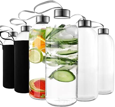 Konyha Lux 32 oz Pohár Víz Üveg Készlet 6 - Üveg Víz Palackok, Kupakok & Ujjú, Újrafelhasználható Üveg Fedéllel, Átlátszó Üveg Palackok,