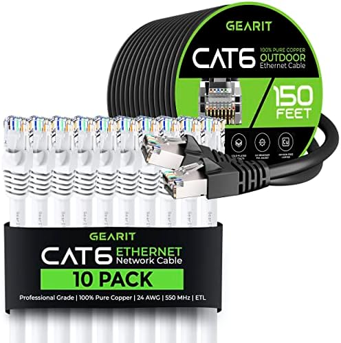 GearIT 10Pack 15ft Cat6 Ethernet Kábel & 150ft Cat6 Kábel