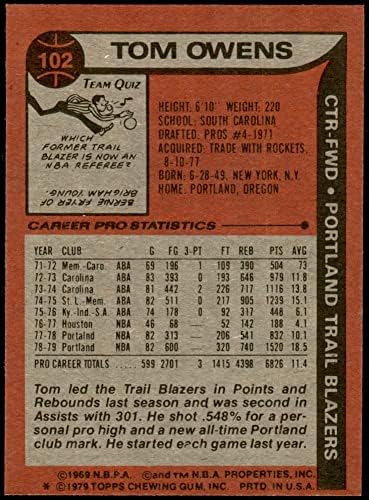 1979 Topps 102 Tom Owens-Portland Trail Blazers (Kosárlabda Kártya) NM Trail Blazers Dél-Karolina