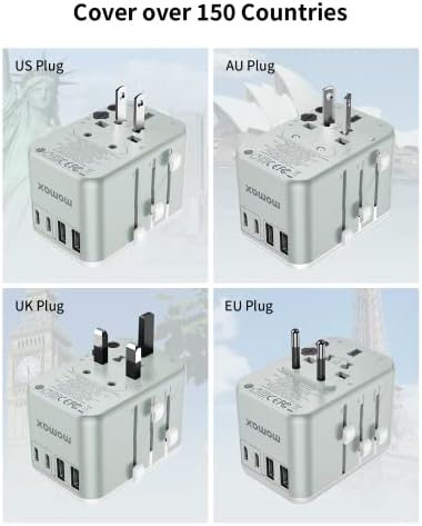 MOMAX Univerzális Úti Adapter 65W GaN Utazási Csatlakozó Adapter UK/EU/AU/MINKET Dugók, 3USB-C PD & 2USB-EGY QC, 3 az 1-ben Vezeték nélküli