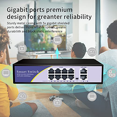KuWFi 8-Port Gigabit Ethernet Switch PoE, 8 x Gigabit PoE, 2 x Gigabit SFP Slot, Fém Hálózati Kapcsoló 48V PoE IP Kamera Vezeték nélküli