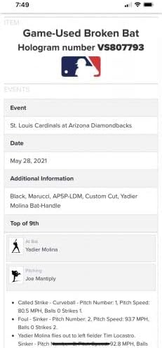 Yadier Molina Aláírt a St. Louis Cardinals 2021 Játék Használt Bat MLB HOLO Sárga Pánt - Játék Használt MLB Denevérek