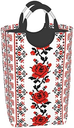 Ukrán Hímzés Stílus Rose Nyomtatott Koszos Ruhákat, Táskát, Szennyes Kosár Fogantyúval Összecsukható Szennyesből Mosás Táskák Haza Hálószoba