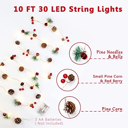 KITCADA Karácsonyi Koszorú,10FT 30 LED Piros Bogyó Karácsonyi Koszorú String Világítás,Karácsonyi Dekoráció, Beltéri elemes