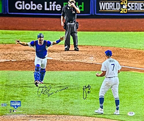 Julio Urias & Austin Barnes 2020 WS Champs' Aláírt 16x20 Fotó PSA + MLB Cert - Dedikált MLB Fotók