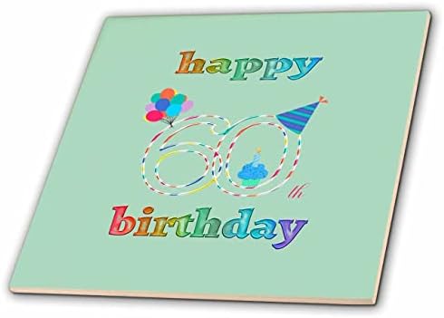 3dRose Boldog a 60-ik Születésnapját, Süti a Gyertyát, Lufi, Kalap, Színes - Csempe (ct_350716_1)