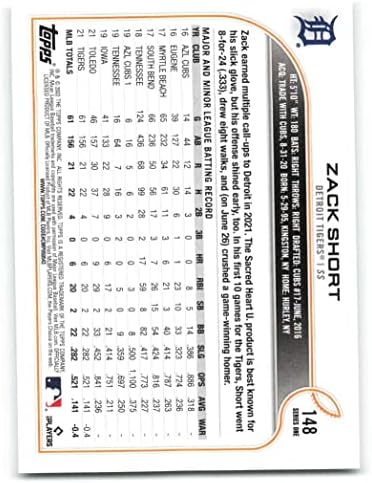 2022 Topps 148 Zack Rövid RC Újonc Detroit Tigers Sorozat 1 MLB Baseball Trading Card