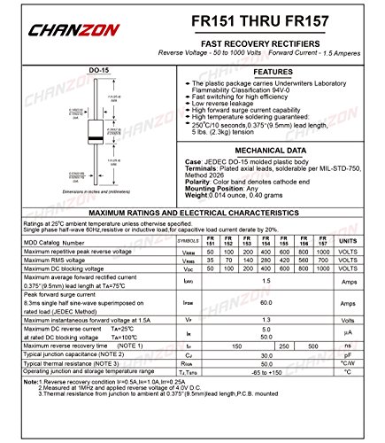(Csomag 100 Darab) Chanzon FR157 Gyors Helyreállítási Egyenirányító Dióda 1,5 1000V 150-500ns DO-15 (DO-204AC) Axiális 1.5 Amp