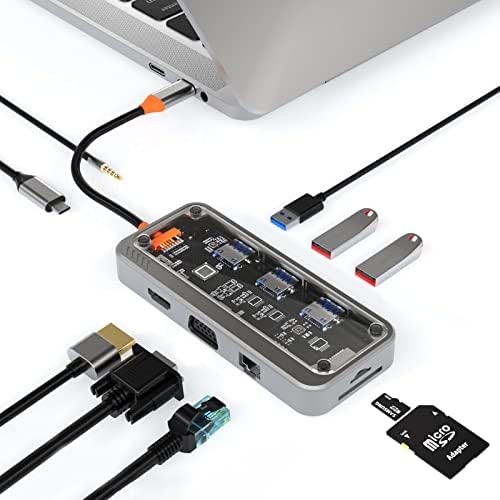 Muulaii Átlátszó USB-C Hub 10 az 1-ben Modem Ethernet C Típusú Adapter USB3.0/USB2.0 4K@30Hz HDMI VGA SD/TF Kártya Olvasó USB-C