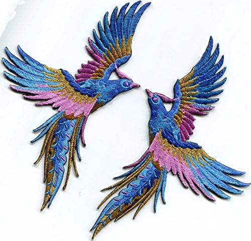 Phoenix phenix madarak azúr kék, rózsaszín, arany hímzett appliqués vas-a foltok pár S-1338