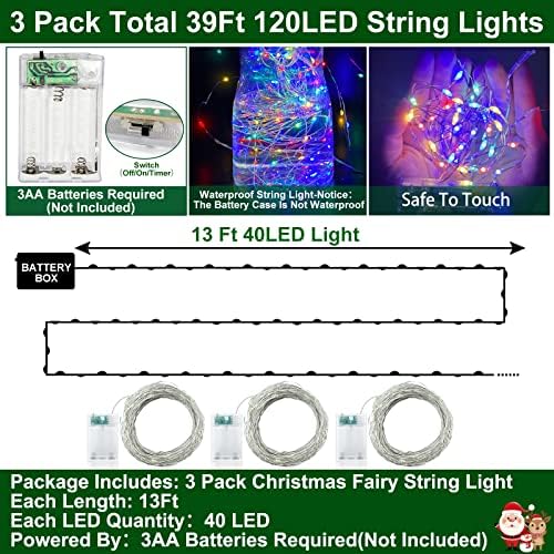 [ 3 Pack & Timer ] Összesen 120 LED 40 Ft Tündér Fények, Díszek Vízálló Réz String tündérfény elemes Lámpák Dekor Beltéri Kültéri