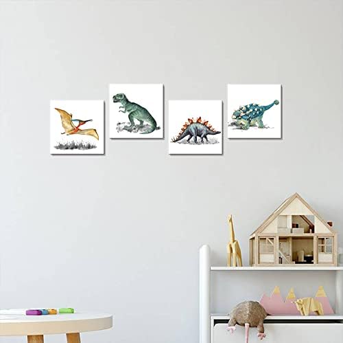 Dinoszaurusz Wall Art Akvarell Dinoszauruszok Képek Keretezve Dino Vászon Nyomtatás, Karácsonyi Ajándék, Fiúk, Lányok, Gyerekek, Hálószoba,