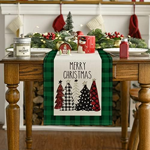 Artoid Mód Akvarell Zöld, Fekete Bivaly Kockás karácsonyfa Boldog Karácsonyt asztali Futó, Szezonális, Téli, Ünnepi Konyha, Étkező Asztal