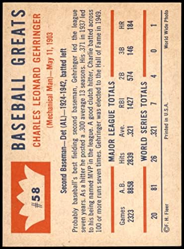 1960 Fleer 58 Charlie Gehringer Detroit Tigers (Baseball Kártya) NM Tigrisek