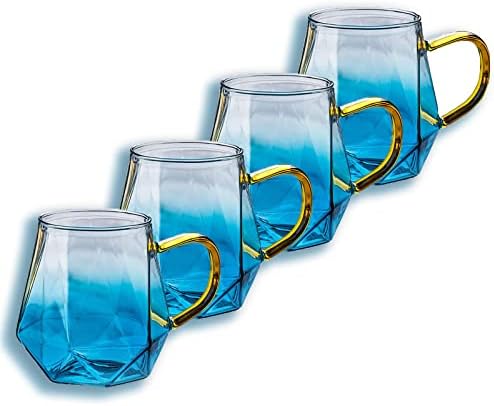 Pturey Gradiens Kék hőálló Üveg Kávés Csésze Készlet 4, Kristály Gyémánt Alakú 11oz Üveg Espresso Csésze, Boroszilikát Üveg Tea