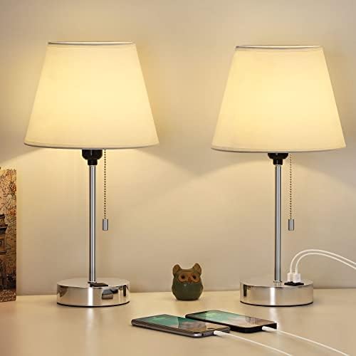 HAITRAL asztali Lámpa Kettős USB Portok, Modern Éjjeli Lámpa Készlet 2 Vászon Szövet Árnyékban,Éjjeliszekrény Lámpa, Hálószoba, Iroda